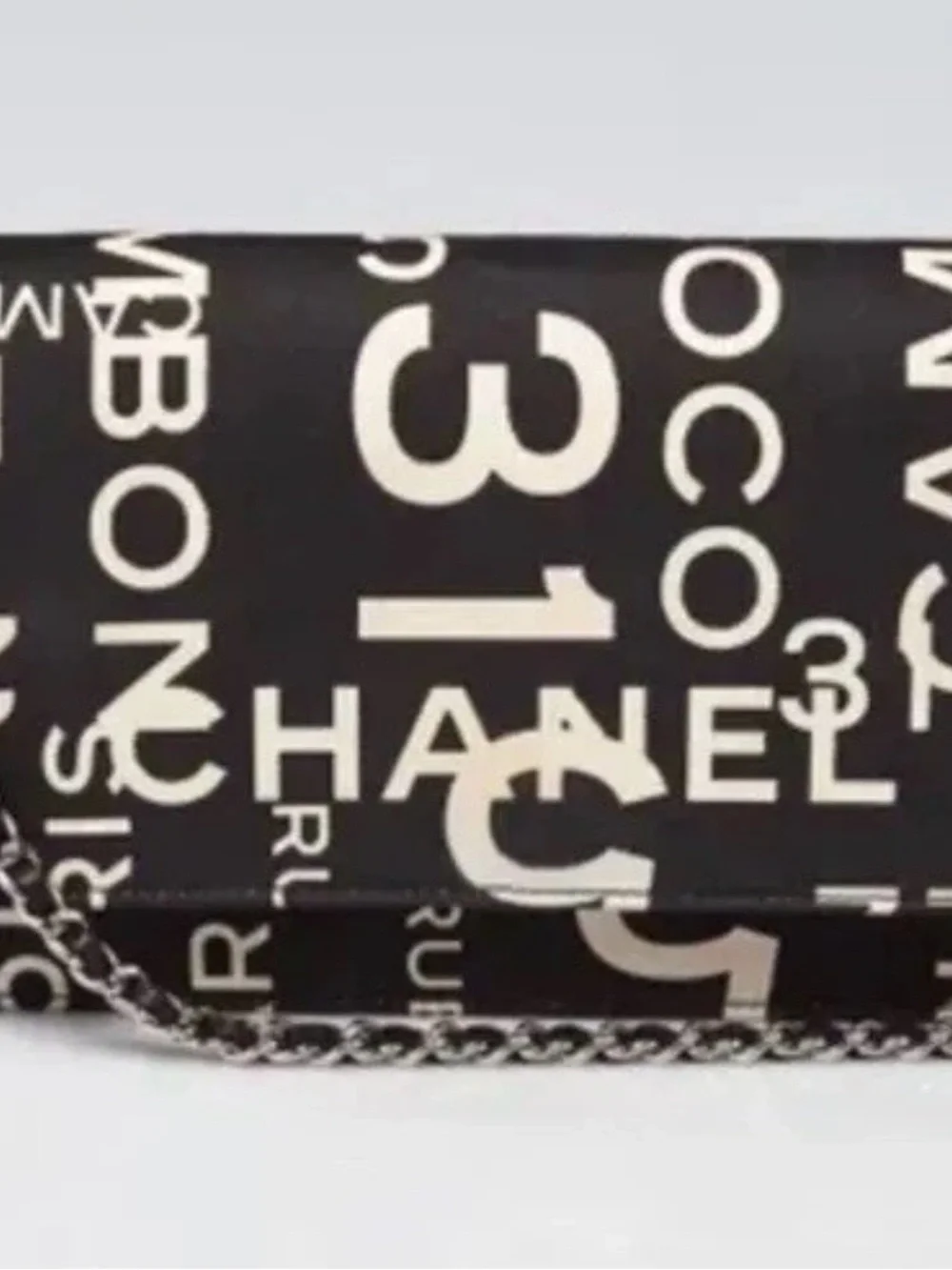 CHANEL Black and White Logo-Print Chain-Trim Clutch
